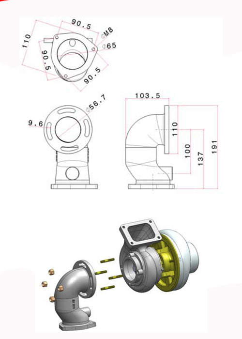Cast iron turbocharger downpipe 90‚° 2 1/2" T3 4 bolts