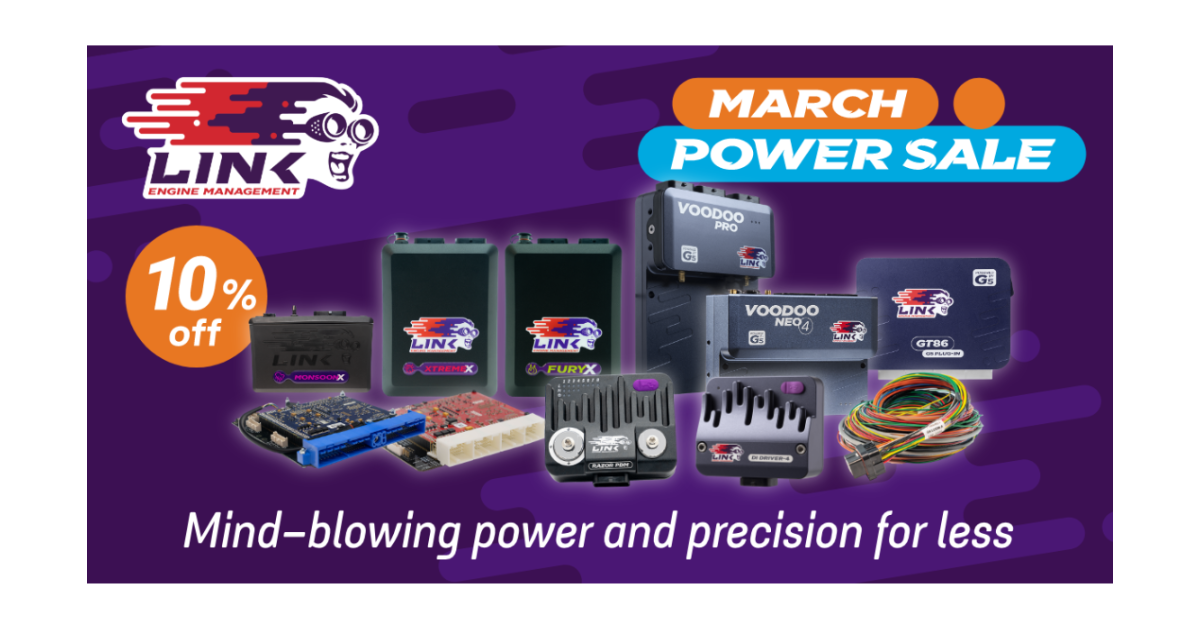 Promotional graphic for Link automotive parts with March power sale text on a purple background.