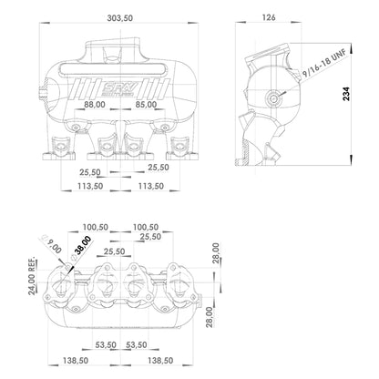 INTAKE MANIFOLD VW 8V CROSS FLOW LONGITUDINAL - 8 INJECTORS - WITHOUT BOLT HOLES - BLACK
